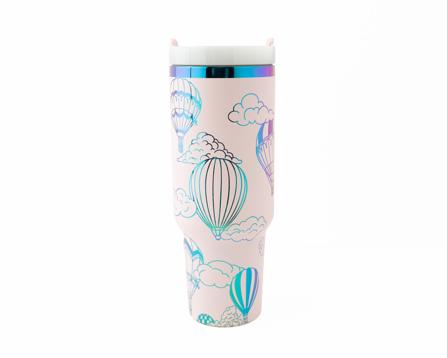 Laser engraved pink and rainbow 40oz stainless steel tumbler with hot air balloon and cloud design