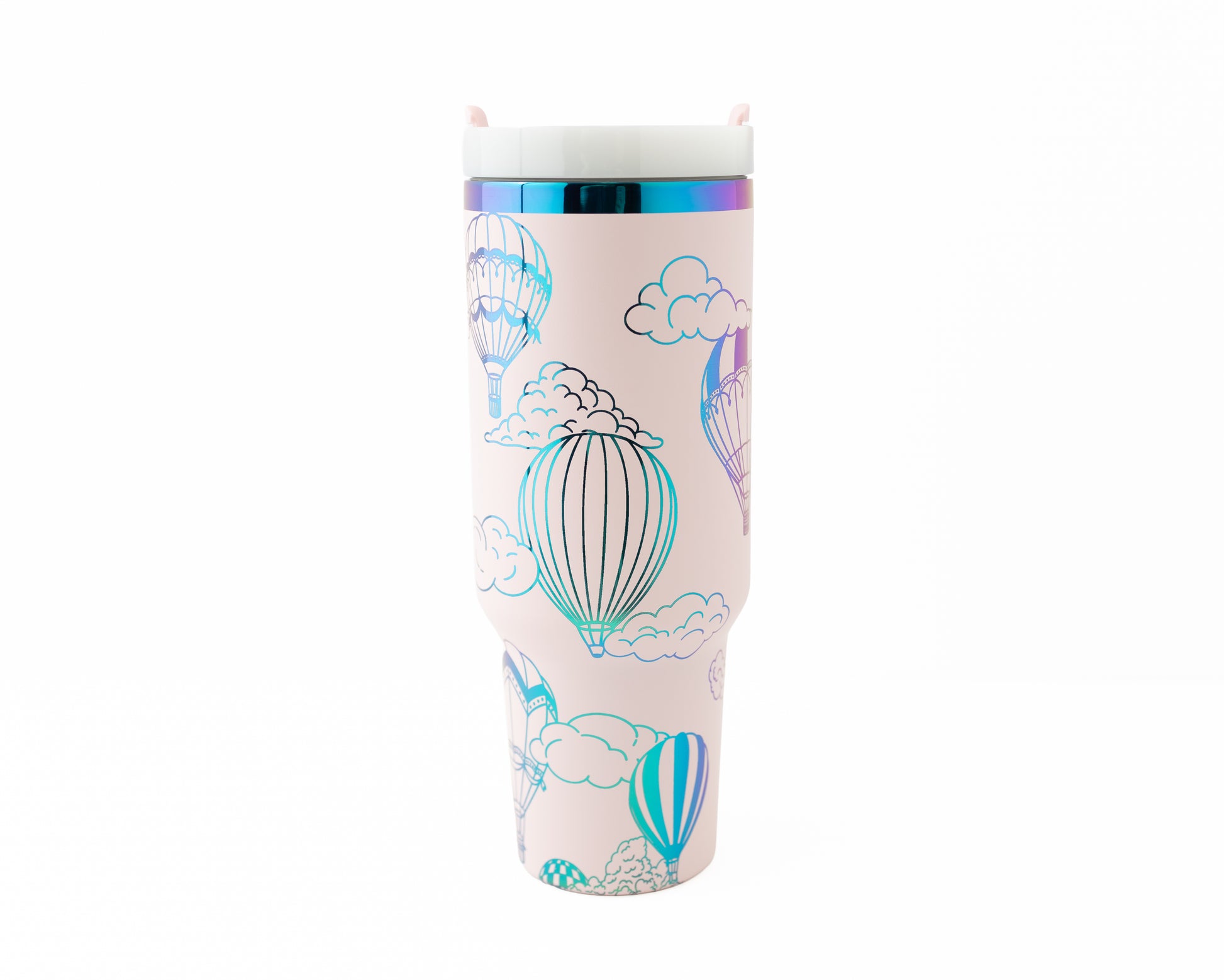 Laser engraved pink and rainbow 40oz stainless steel tumbler with hot air balloon and cloud design