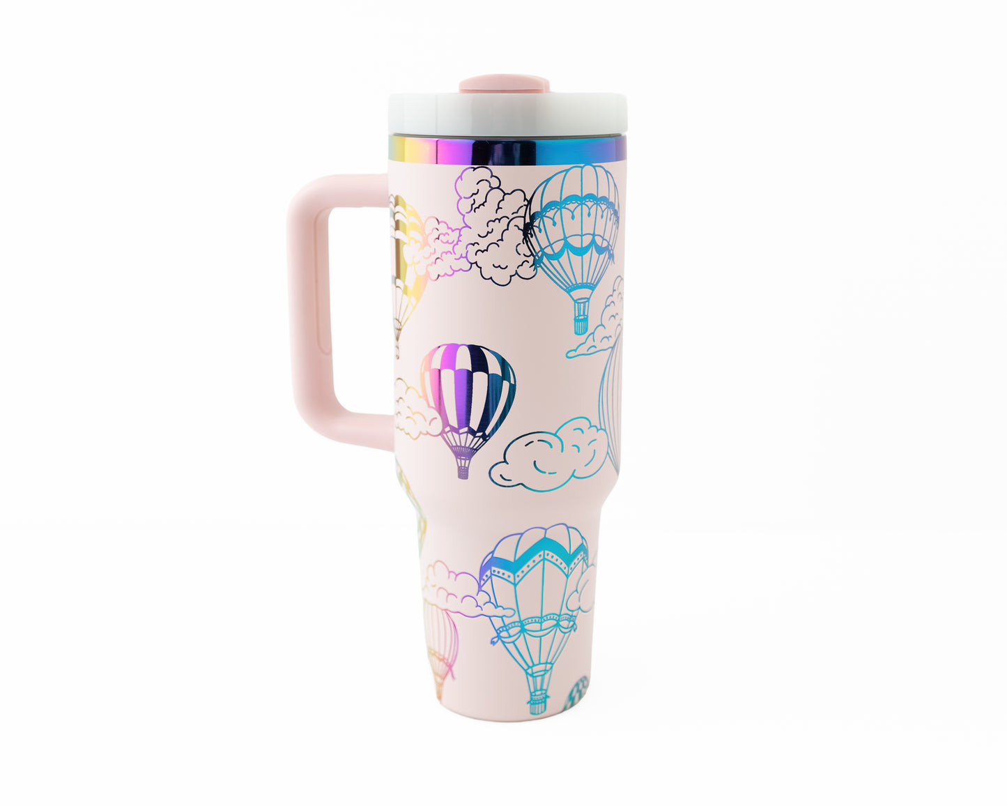 Laser engraved pink and rainbow 40oz stainless steel tumbler with hot air balloon and cloud design