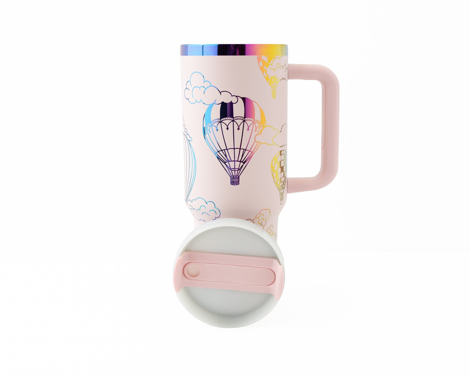 Laser engraved pink and rainbow 40oz stainless steel tumbler with hot air balloon and cloud design