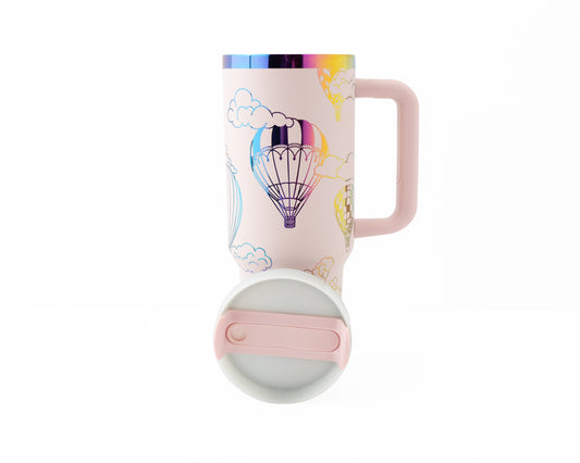 Laser engraved pink and rainbow 40oz stainless steel tumbler with hot air balloon and cloud design
