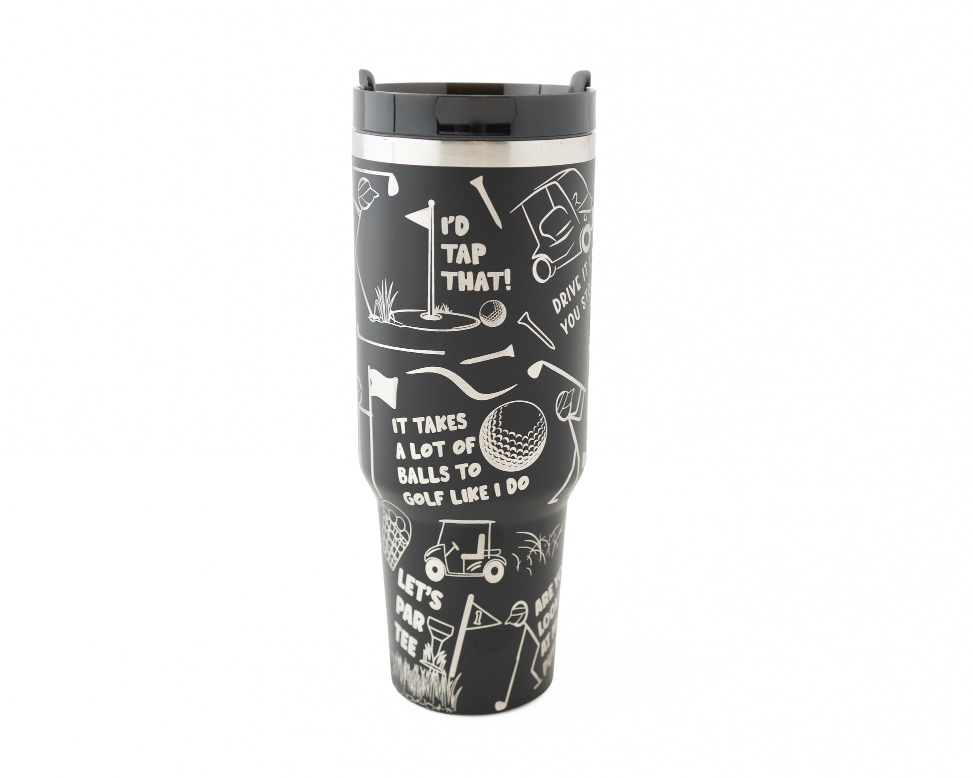 40 oz tumbler in black with golf funny sarcastic sayings and cartoon doodles wrapped around the tumbler. Side view.