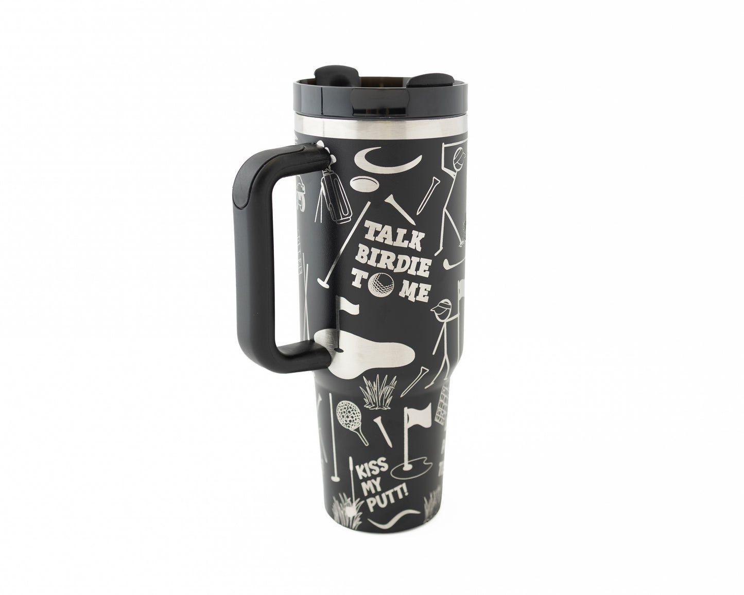 40 oz tumbler in black with golf funny sarcastic sayings and cartoon doodles wrapped around the tumbler. Front view.
