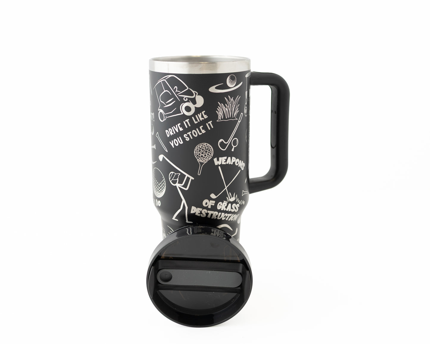 40 oz tumbler in black with golf funny sarcastic sayings and cartoon doodles wrapped around the tumbler. Back view with lid facing front.
