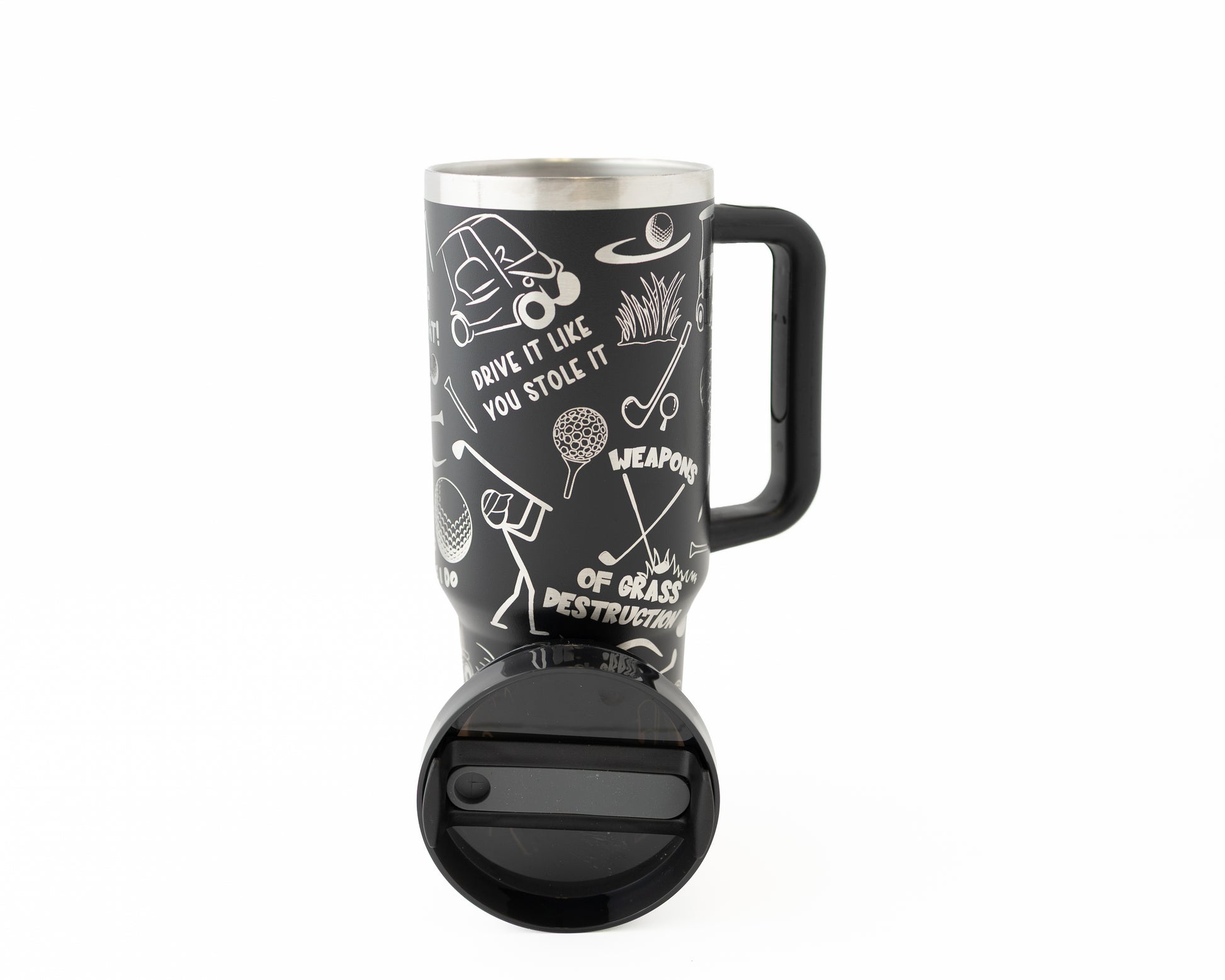 40 oz tumbler in black with golf funny sarcastic sayings and cartoon doodles wrapped around the tumbler. Back view with lid facing front.