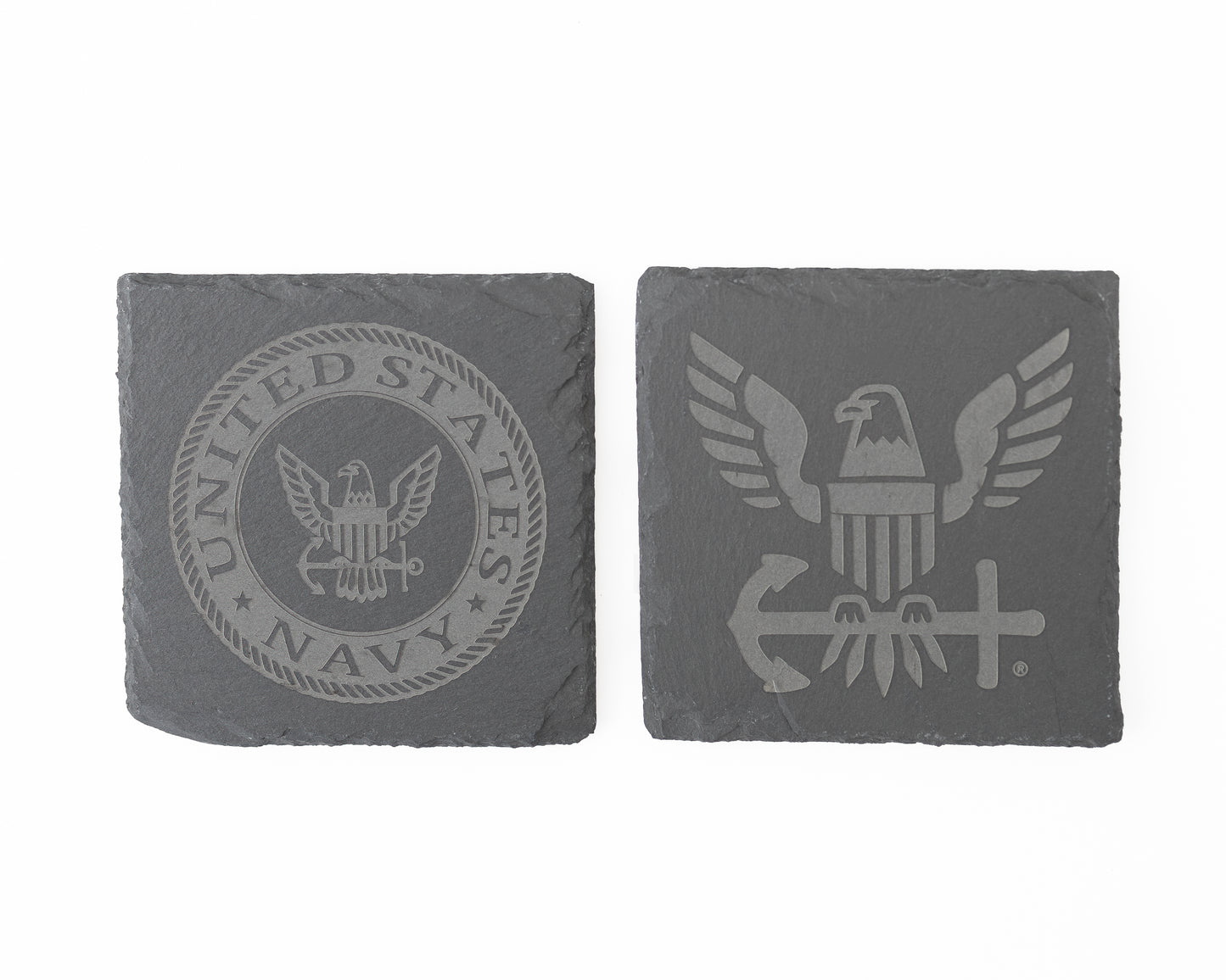 Two gray stone coasters with U.S. Navy emblem and eagle design on a white background