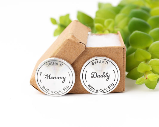 Mommy vs Daddy Flip Coin – Engraved Aluminum Gift for New Parents