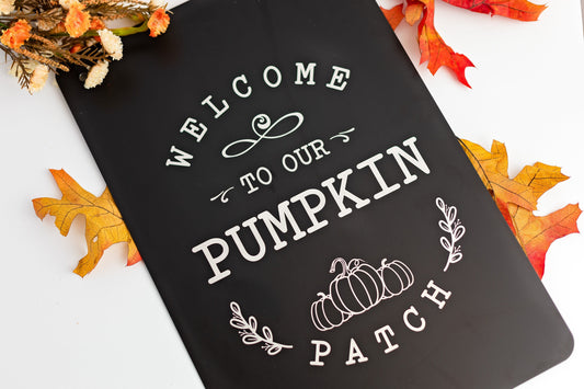 Metal Garden Flag – "Welcome to Our Pumpkin Patch" Engraved Fall Yard Sign
