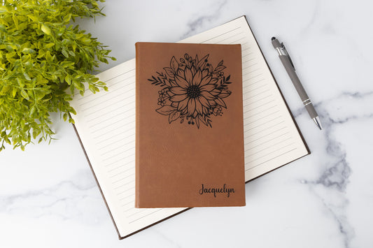 Engraved Sunflower Notebook – Personalized Leatherette Journal