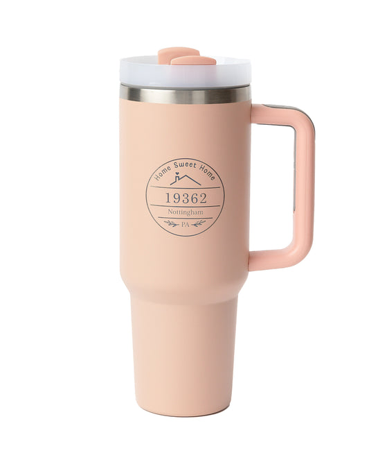 40oz Tumbler with Handle Laser Engraved with Custom "Home Sweet Home" City, State & Zip