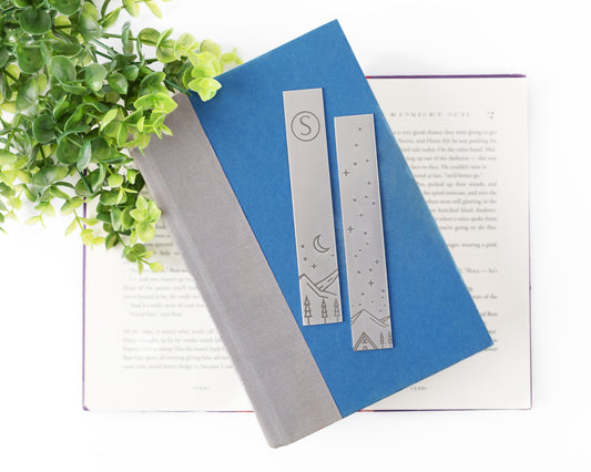 Aluminum Monogram Bookmark featuring mountains, trees, and stars design