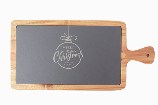 "Merry Christmas" Slate & Acacia Cheese Board – Holiday Charcuterie Gift for Hosts