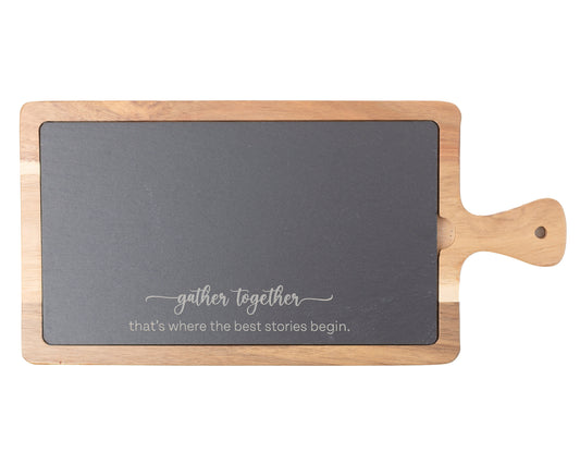 "Gather Together" Slate & Acacia Cheese Board – Laser Engraved Host or Housewarming Gift