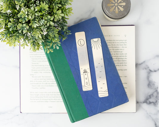 Ocean Bookmark lacer engraved with Monogram, Lighthouse & Seagulls