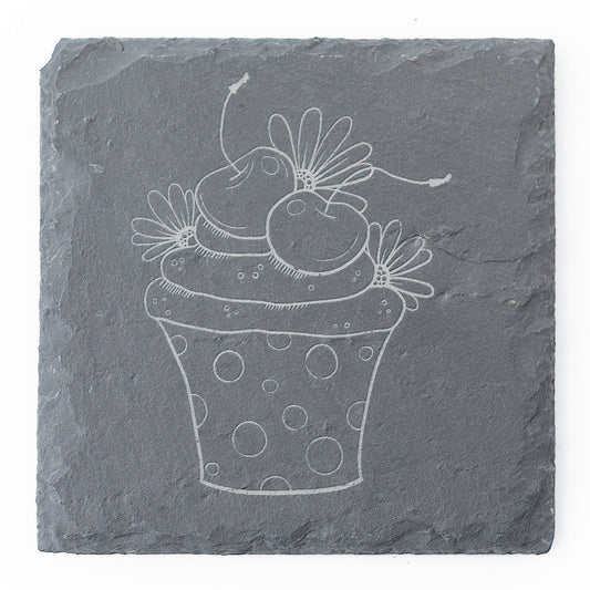 Cherry Cupcake Slate Coasters – Set of 4 Engraved for Bakers & Dessert Lovers