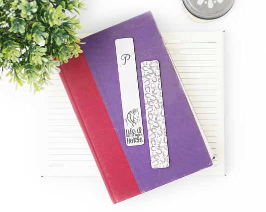 Laser engraved aluminum Monogram bookmark featuring "Life is Better With a Horse"