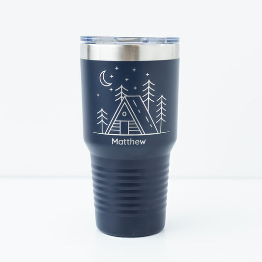 30oz Laser Engraved Tumbler with Cabin & Moon Design | Insulated Stainless Steel Travel Mug for Outdoor Lovers