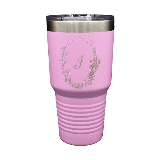30oz Monogram Tumbler with Floral Wreath | Personalized Travel Mug for Gardeners & Moms