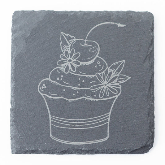 Cherry Cupcake Slate Coasters – Engraved Set of 4 for Bakers