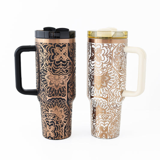40oz Black or Cream Tumbler with Handle Laser Engraved with Hidden Cuss Word (f*ck) Mandala
