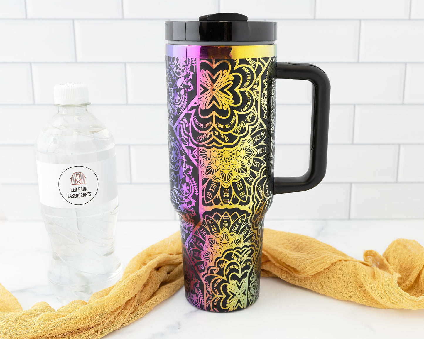 40oz Tumbler with Handle Laser Engraved with Mandala Hidden Swear Word (f*ck)