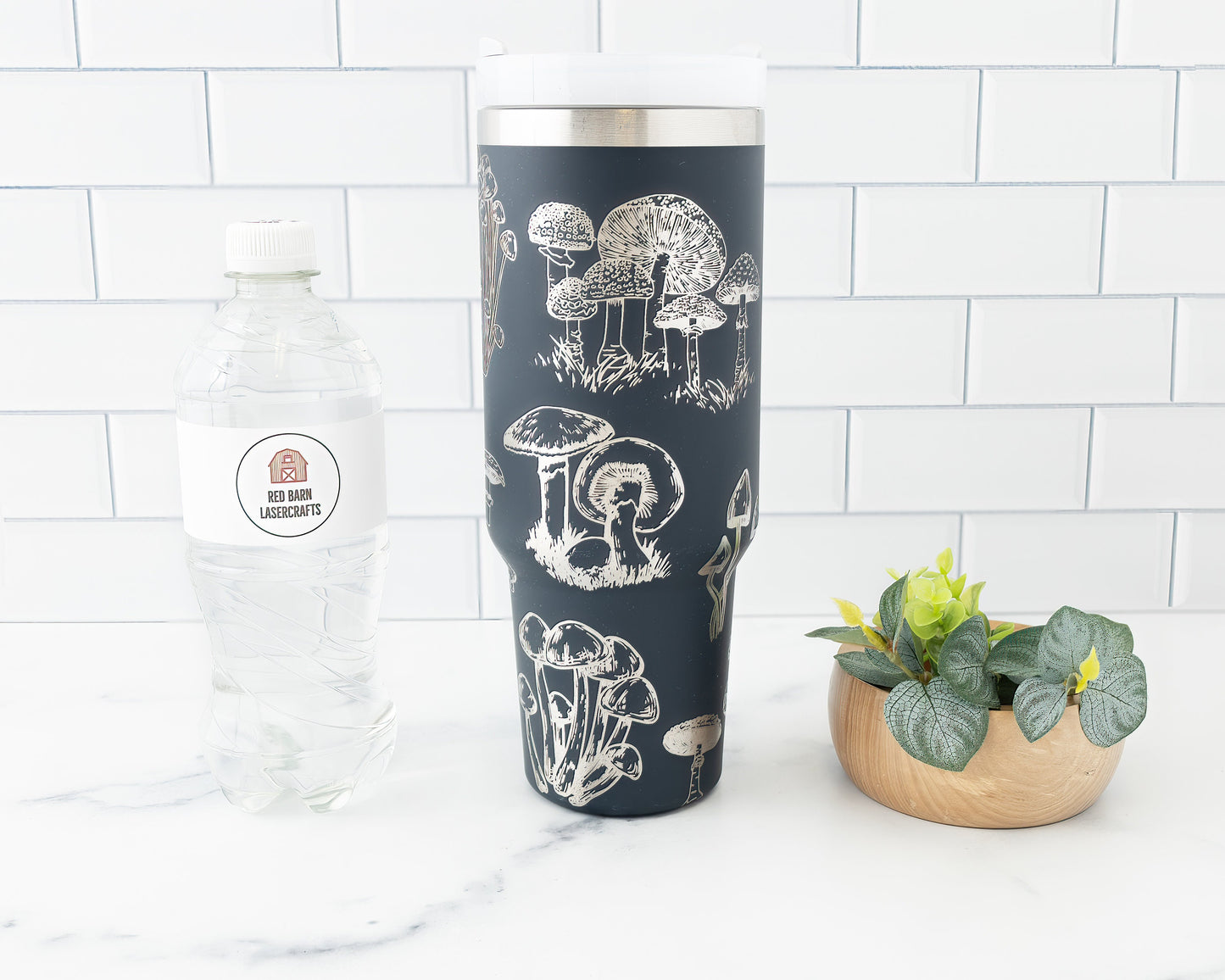 40oz Tumbler with Handle Laser Engraved with Mushroom Design