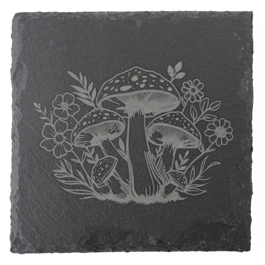 Mushroom & Flower Slate Coasters – Engraved Set of 4