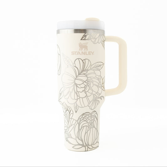 40oz Stanley Tumbler Laser Engraved with Peony Flower Wrap