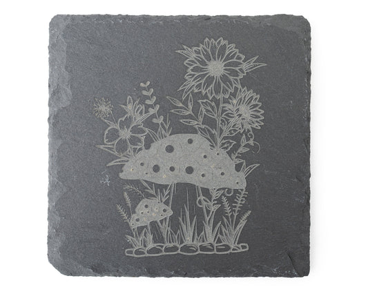 Mushroom & Sunflower Slate Coasters – Engraved Set of 4 for Nature Lovers