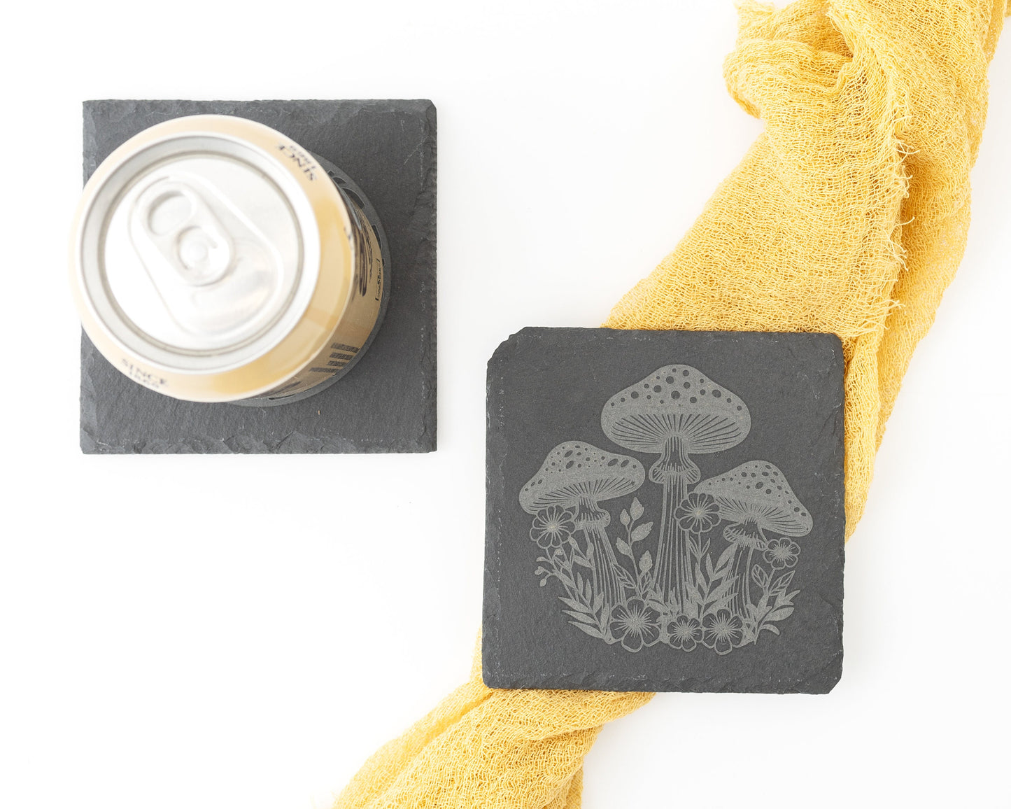 Spotted Mushroom & Flower Slate Coasters – Rustic Engraved Set of 4