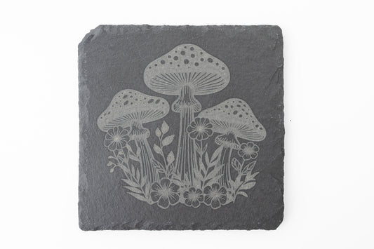 Spotted Mushroom & Flower Slate Coasters – Rustic Engraved Set of 4