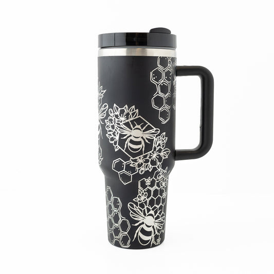 40oz Tumbler with Handle Laser Engraved with Bumble Bee & Honeycomb Design