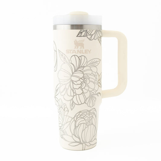 30oz Stanley Tumbler – Laser Engraved with Peony Flower Wrap | Floral Quencher Gift for Garden Enthusiasts