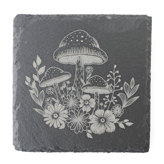 Engraved Slate Coasters – Set of 4 with Mushrooms & Floral Design
