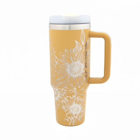 40oz Tumbler with Handle Laser Engraved with Sunflower design