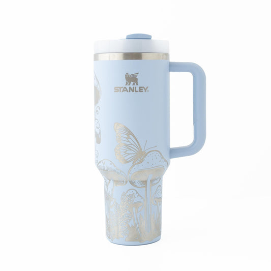 40oz Stanley Tumbler Laser Engraved with Mushroom & Butterfly Design