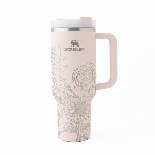 40oz Stanley Tumbler Laser Engraved with Zinnia & Carnation Floral Design