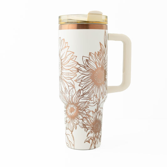 40oz Black or Cream Tumbler with Handle Laser Engraved with Sunflowers