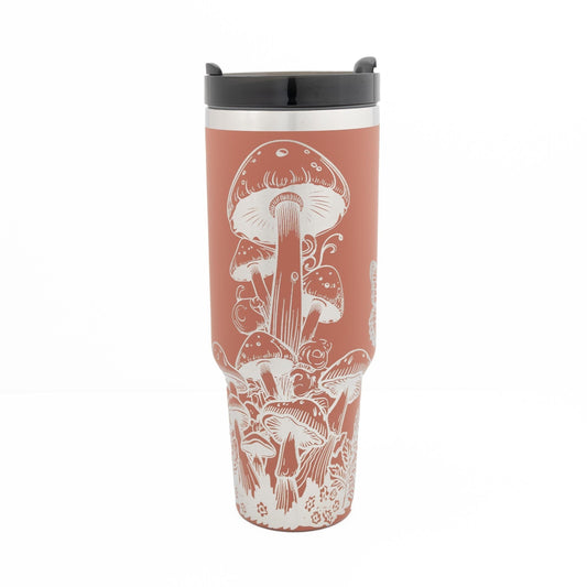 40oz Tumbler with Handle Laser Engraved with Mushroom and Butterfly Design