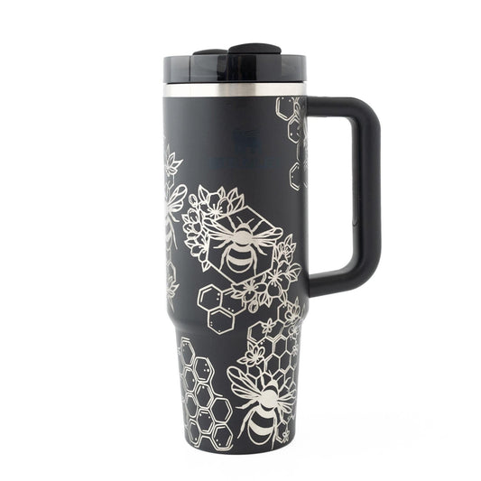 30oz Stanley Tumbler with Handle – Laser Engraved Bumble Bee & Honeycomb Design | Nature Lover or Gardener Gift