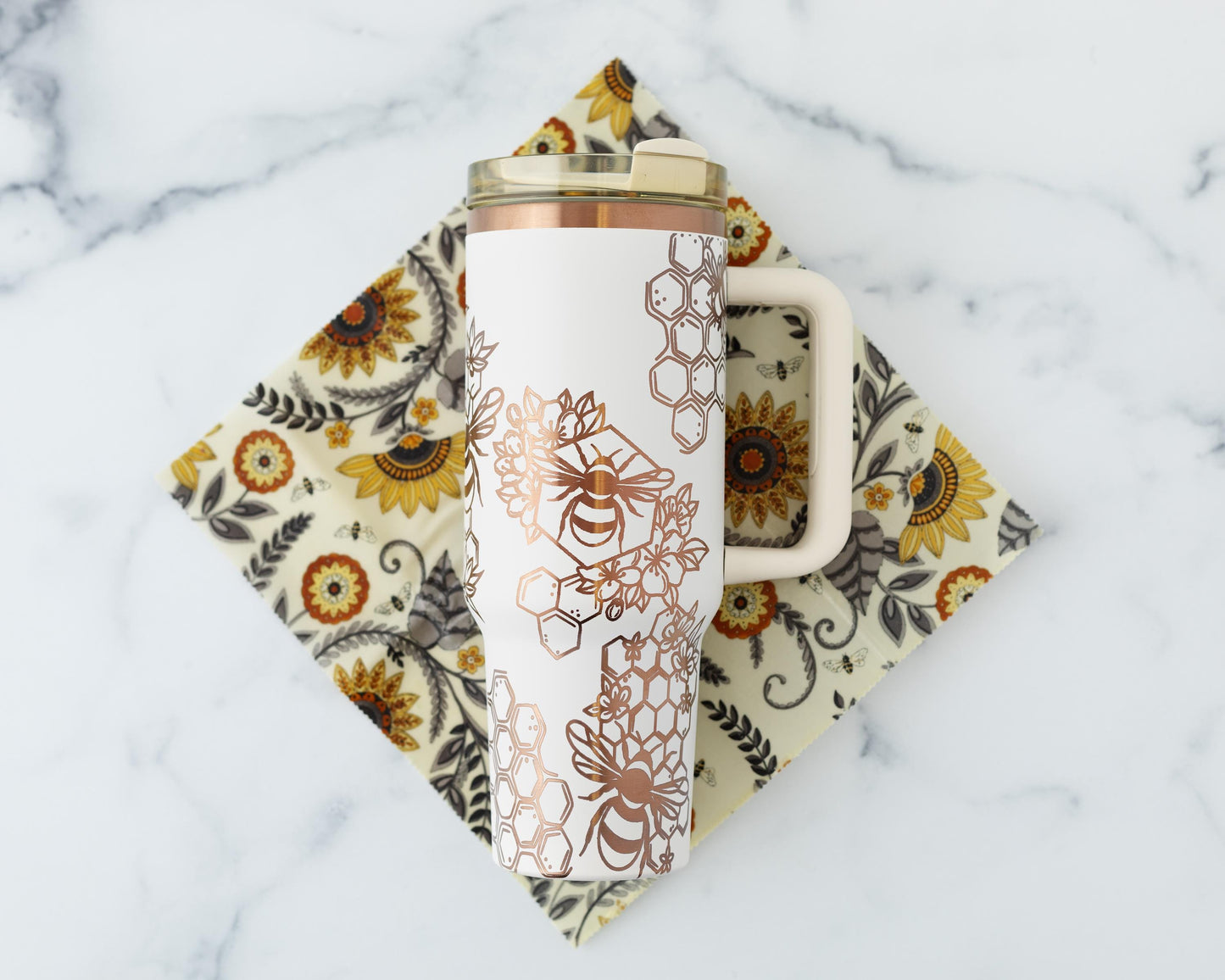 40oz Black or Cream Tumbler with Handle Laser Engraved with Bumble Bee and Honeycomb Design
