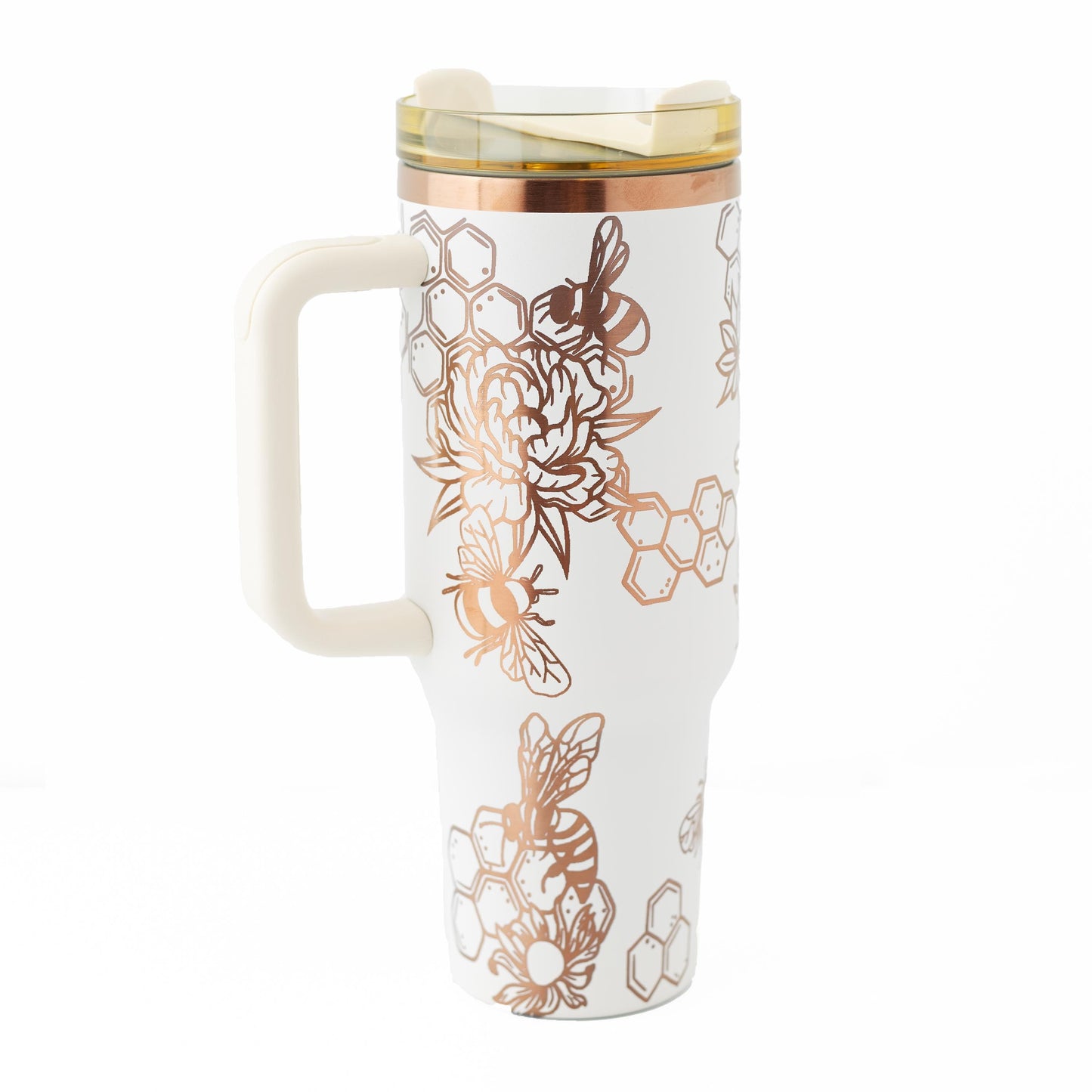 40oz Black or Cream Tumbler with Handle Laser Engraved with Bumble Bee and Honeycomb Design