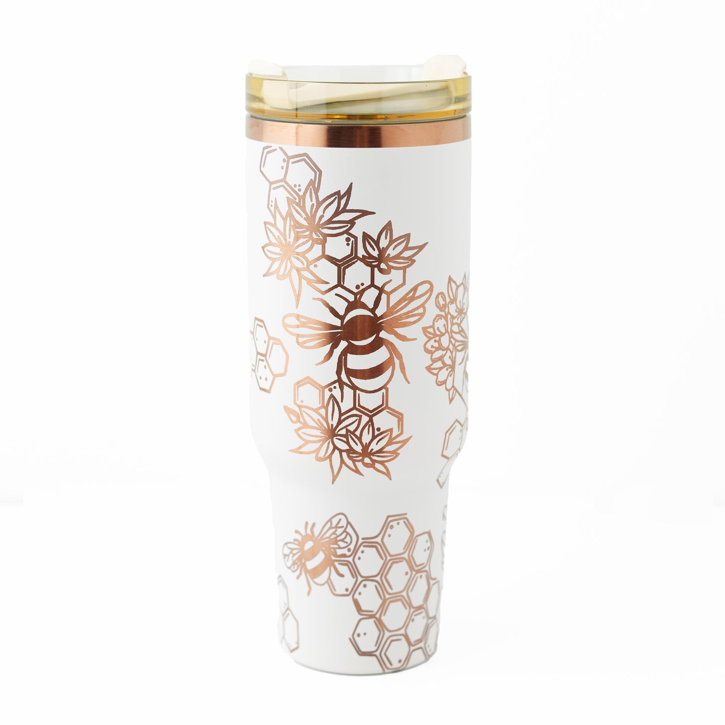 40oz Black or Cream Tumbler with Handle Laser Engraved with Bumble Bee and Honeycomb Design