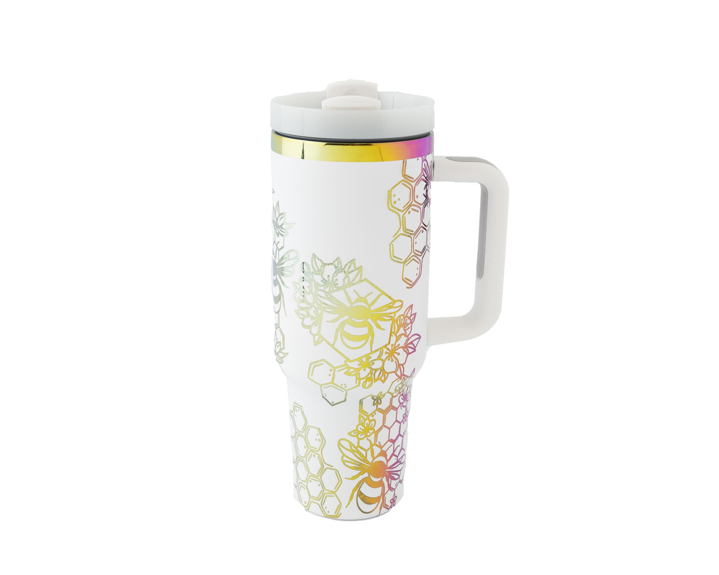 40oz Tumbler with Handle Laser Engraved with Bumble Bee and Honeycomb Design