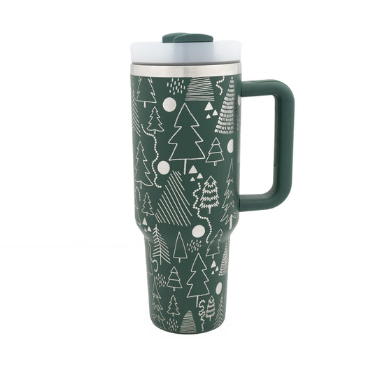 40oz Tumbler with Handle Laser Engraved with Christmas Tree Design