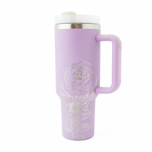 40oz Tumbler with Handle Laser Engraved with Zinnias & Carnations