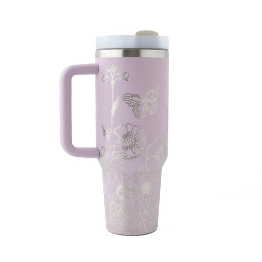 40oz Tumbler with Handle & Straw Laser Engraved with Flowers & Butterflies