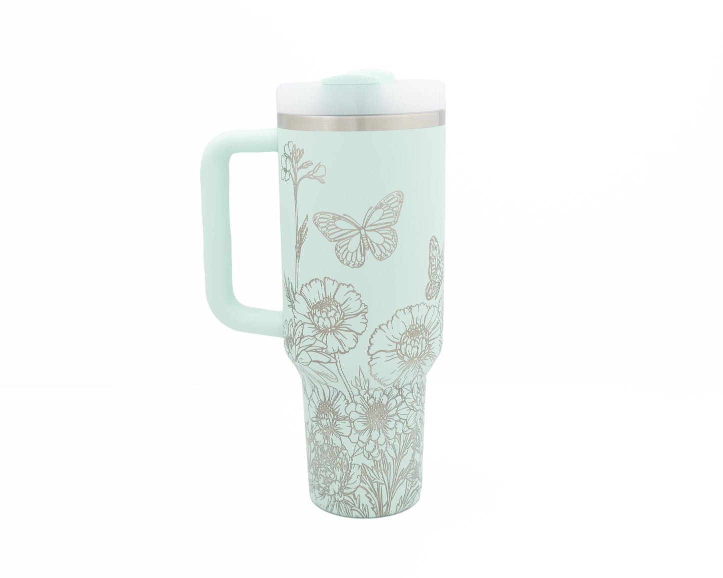 40oz Stanley Tumbler Laser Engraved with Flowers & Butterflies