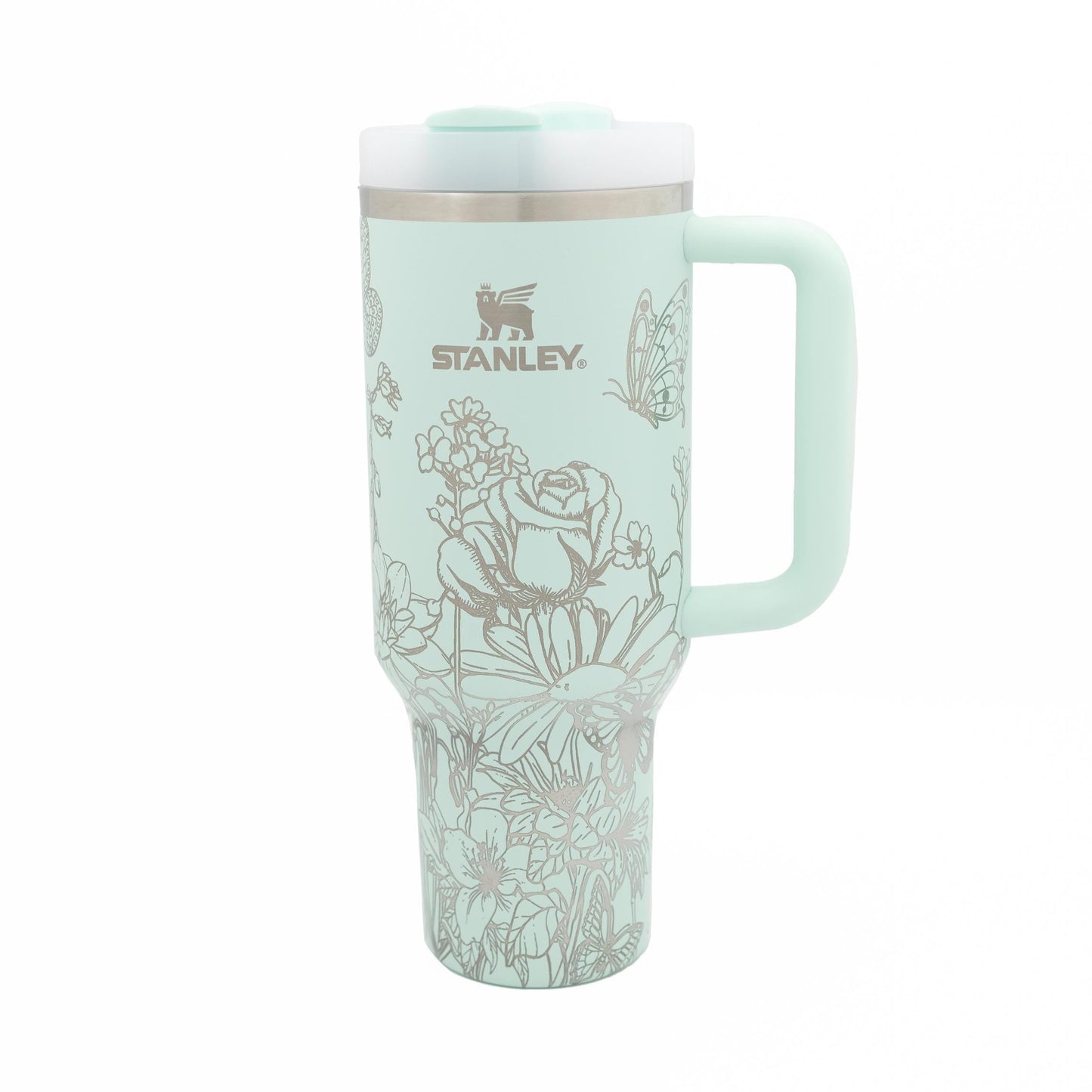 40oz Stanley Tumbler Laser Engraved with Flowers & Butterflies