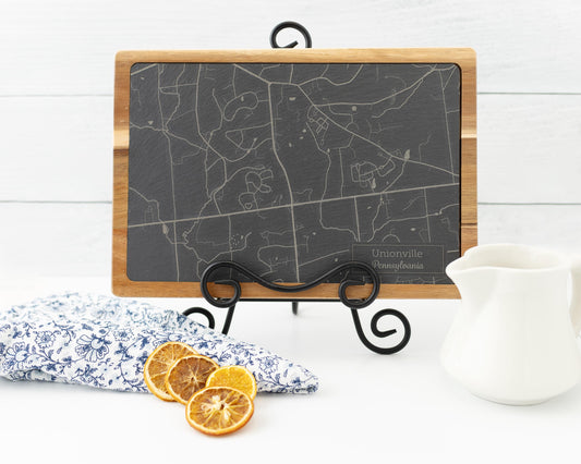 Custom Map Slate & Acacia Wood Serving Board – Personalized City, Lake, or Landmark Engraving